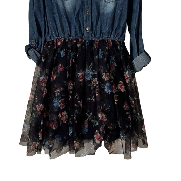Zunie Dress Girls 12 Blue Denim Floral roll sleeve collared prairie farm casual - Picture 2 of 9